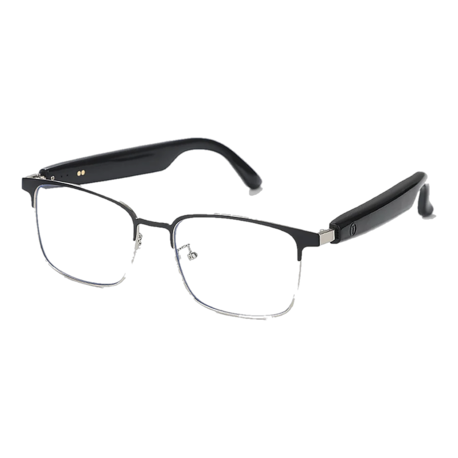 SparkGlas photochromic audio glasses, silver and black frame, three-quarter view