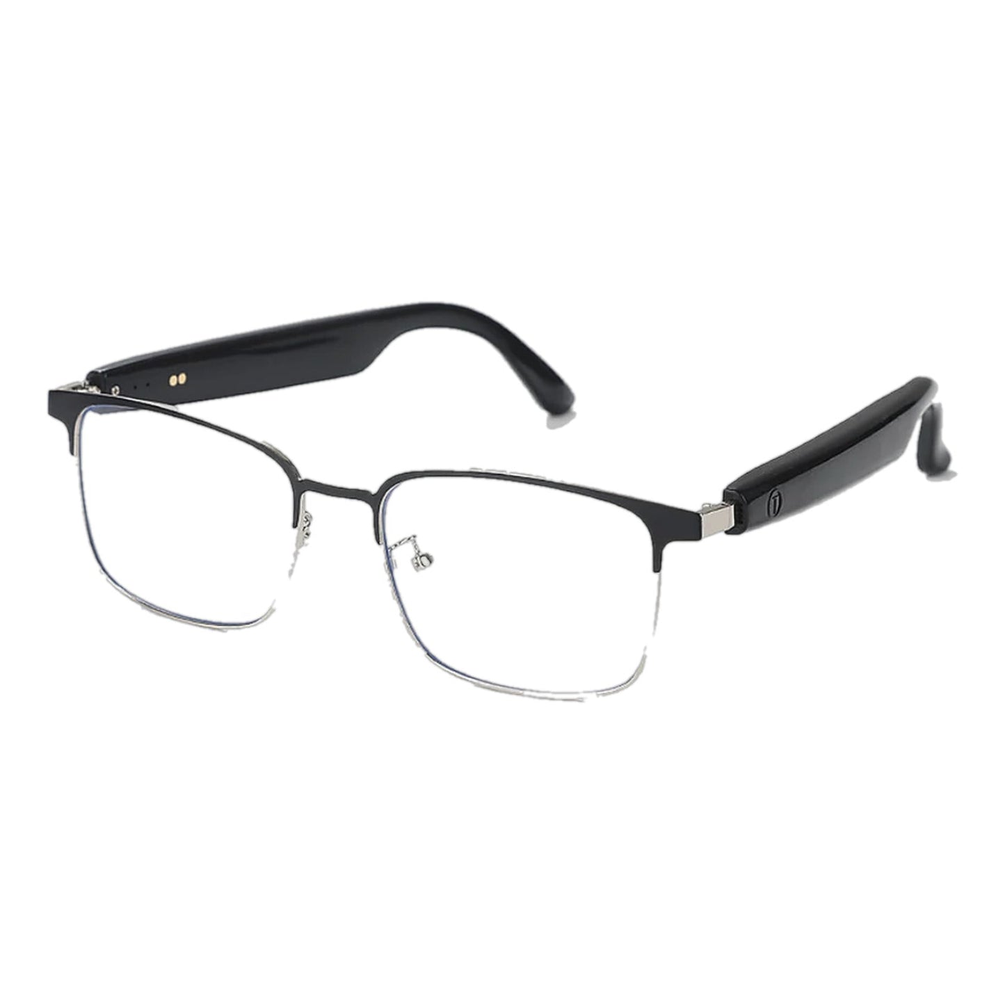 SparkGlas photochromic audio glasses, silver and black frame, three-quarter view
