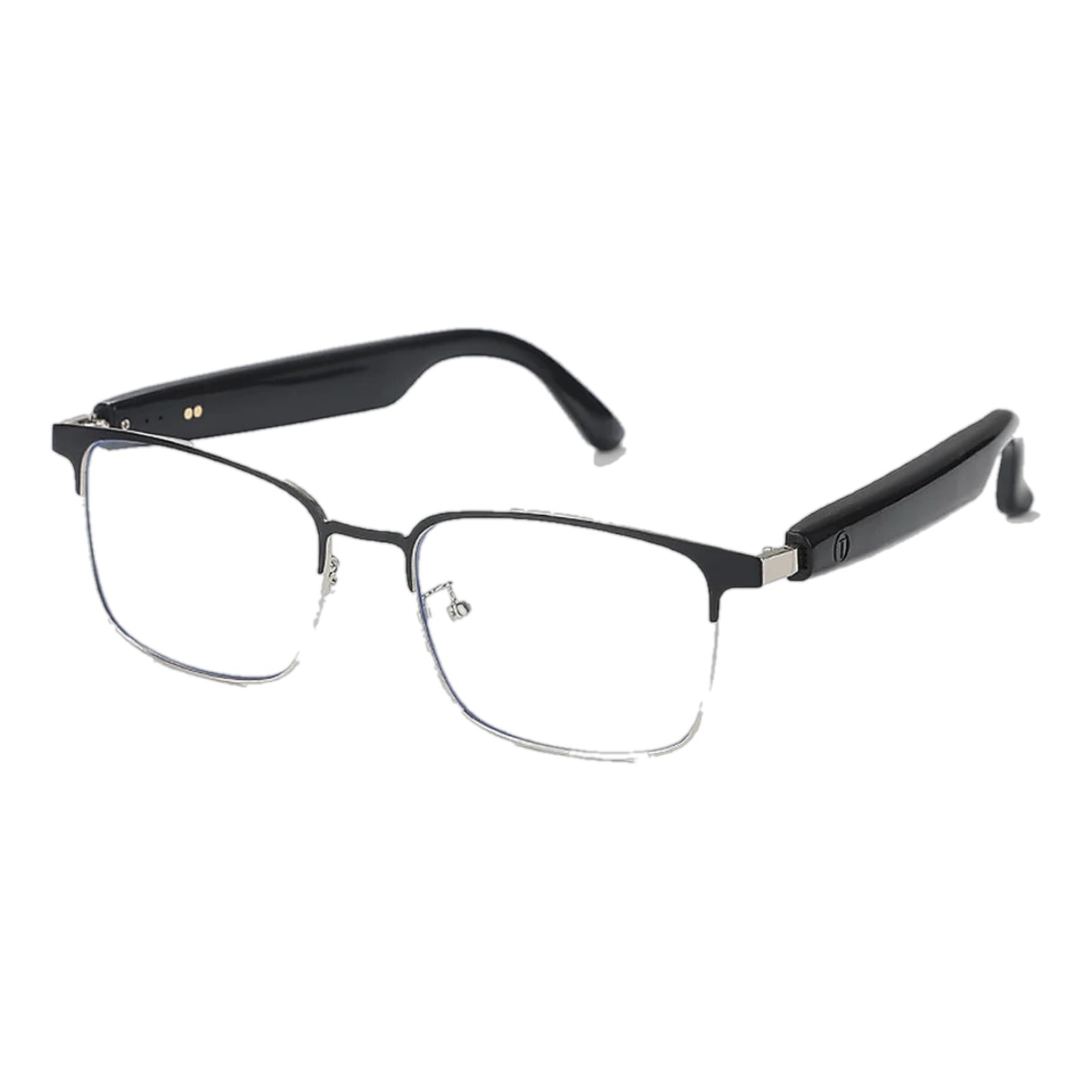 SparkGlas photochromic audio glasses, silver and black frame, three-quarter view