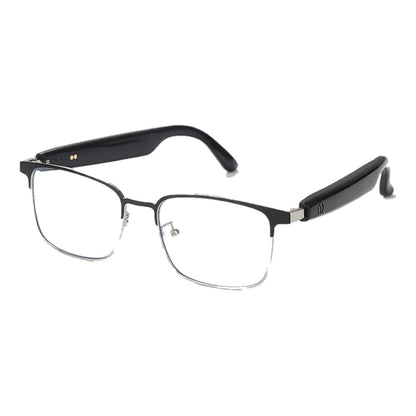 SparkGlas photochromic audio glasses, silver and black frame, three-quarter view