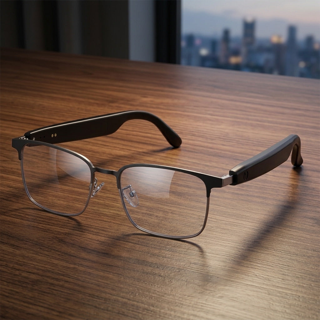 SparkGlas audio glasses resting on a wooden desk at dusk