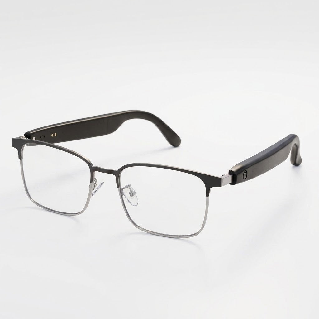 SparkGlas photochromic audio glasses, three-quarter view showing the browline frame and speaker temple