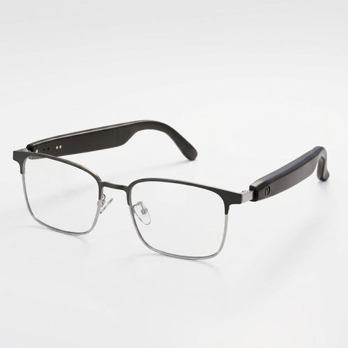 SparkGlas photochromic audio glasses, three-quarter view showing the browline frame and speaker temple