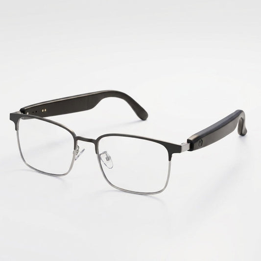 SparkGlas photochromic audio glasses, three-quarter view showing the browline frame and speaker temple