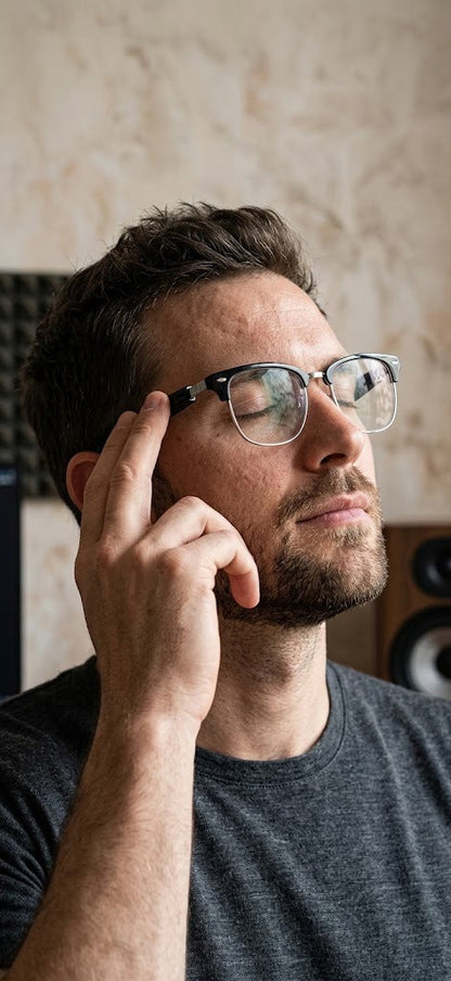 Man wearing SparkGlas glasses, finger on the temple touch control, ear left open