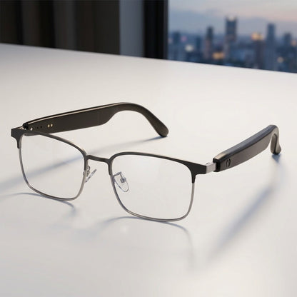 SparkGlas audio glasses on a white surface, showing the hinge and open-ear speaker housing